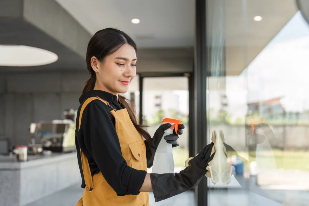female-employee-cleaning-coffee-shop-window-with-s-2024-07-11-00-50-16-utc