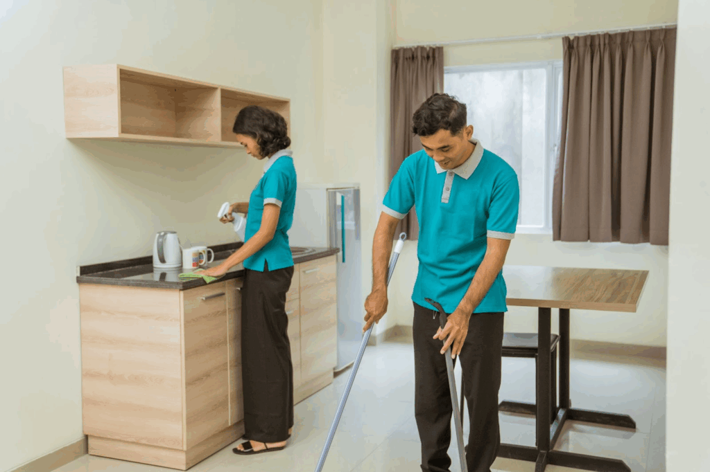 petugas kebersihan properti airbnb sedang membersihkan kamar penginapan
